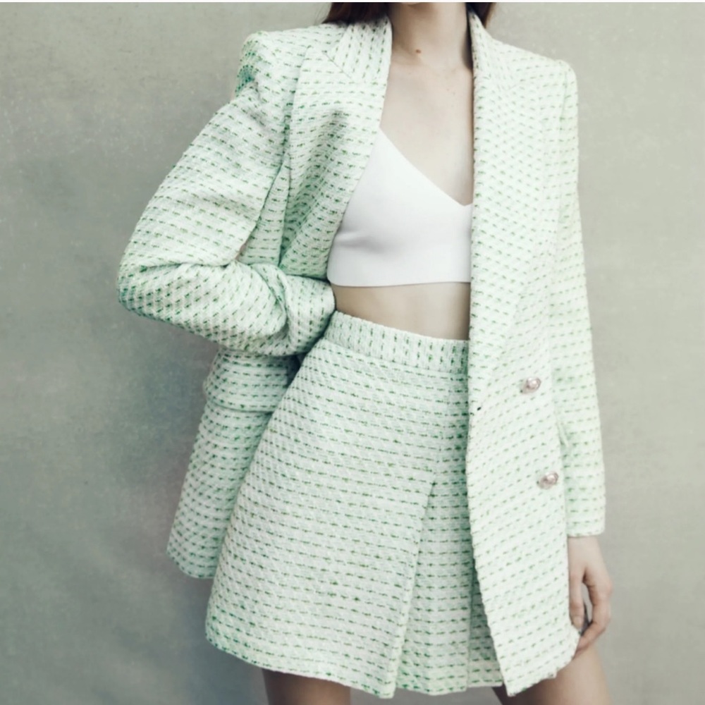 ZARA 2 Piece Tweed Check Blazer+ Skirt - Picture 6 of 12